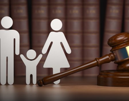 Paper cut out of family with gavel and law books in background family law custody concept